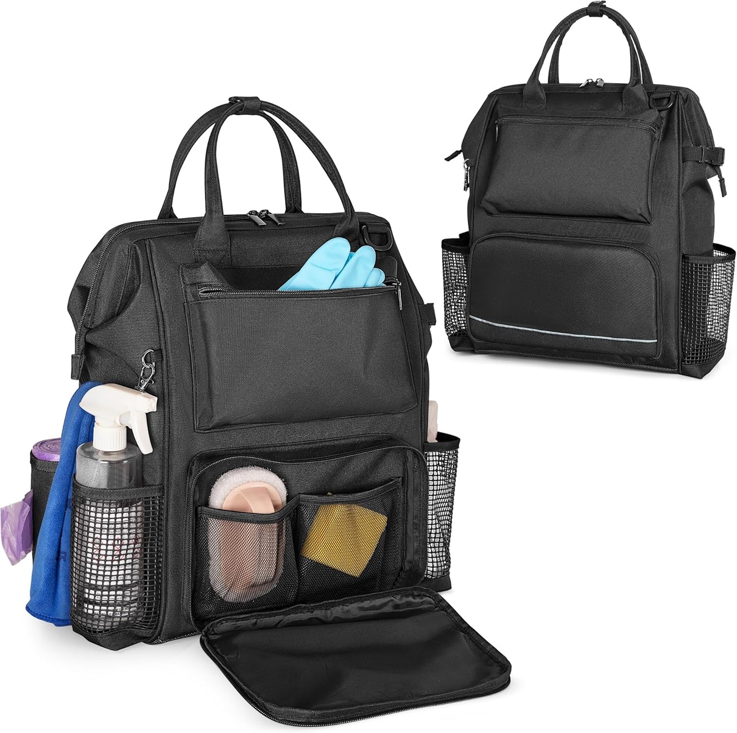 LoDrid Heavy Duty Cleaning Supplies Bag with Steel Frame Top, Large Cleaning Caddy with Adjustable Shoulder Straps and Multiple Pockets for Housekeeping Work, Black, Bag Only, Patent Designed