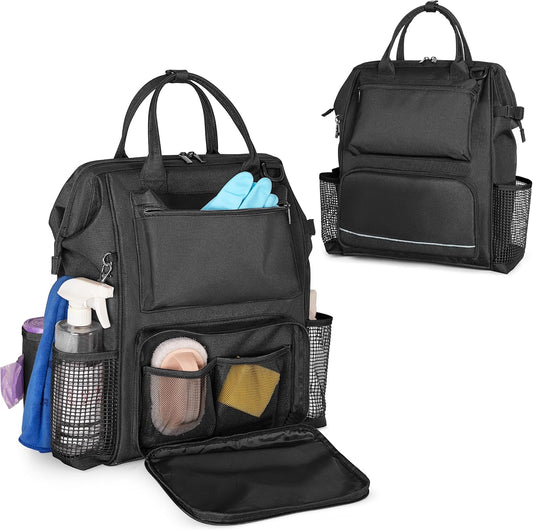 LoDrid Heavy Duty Cleaning Supplies Bag with Steel Frame Top, Large Cleaning Caddy with Adjustable Shoulder Straps and Multiple Pockets for Housekeeping Work, Black, Bag Only, Patent Designed