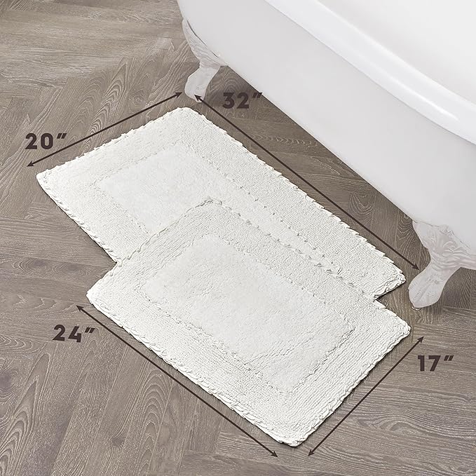 Laura Ashley Ruffle Border 100% Cotton Bath Rug Set, White, 17" x 24"/ 20" x 32"