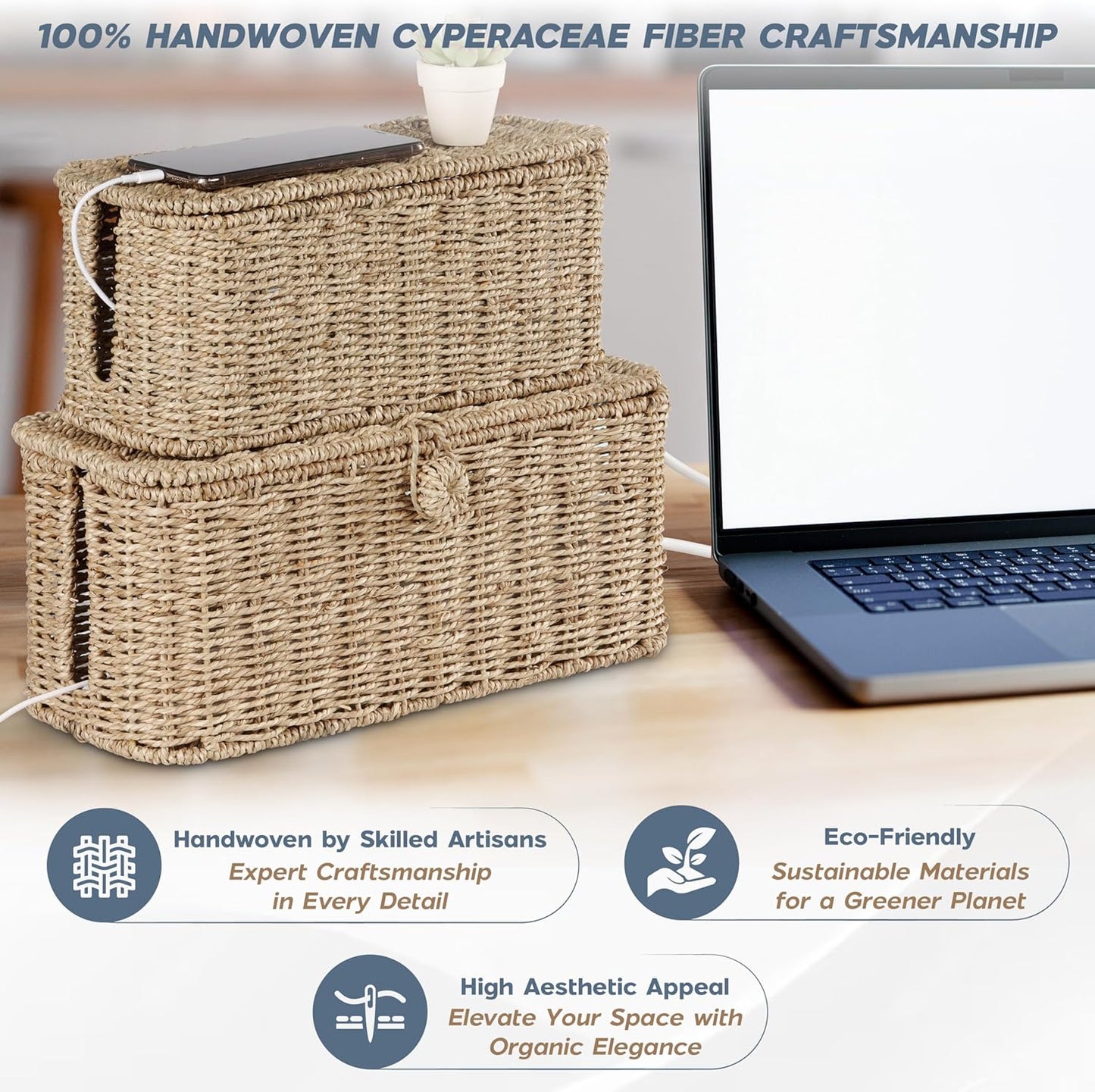 2-Pack Large Cable Management Box, Natural Rattan Cable Cord Organizer Boxes for Power Strip – 2 Open Slots Cords Hider Box for TV Wires, Computer, Router, USB Hub and Under Desk Power Strip