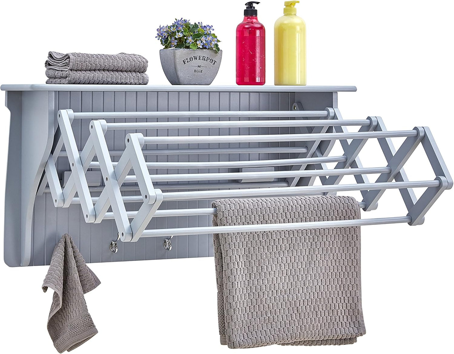 Danya B Accordion Clothes Drying Rack, Retractable, Wall Mounted Towel Rack and Hooks for Clothes and Towels for use in Laundry Room or Garage (Gray)