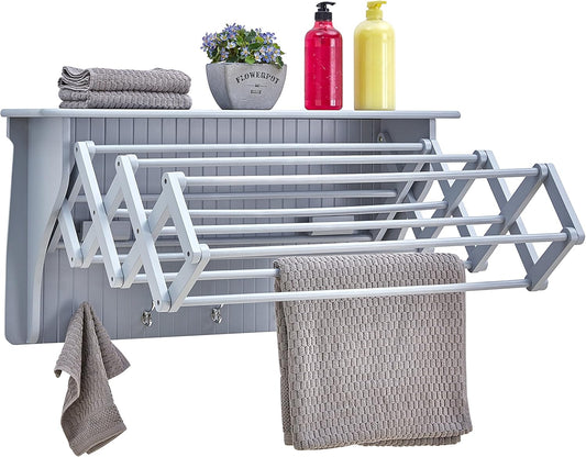Danya B Accordion Clothes Drying Rack, Retractable, Wall Mounted Towel Rack and Hooks for Clothes and Towels for use in Laundry Room or Garage (Gray)