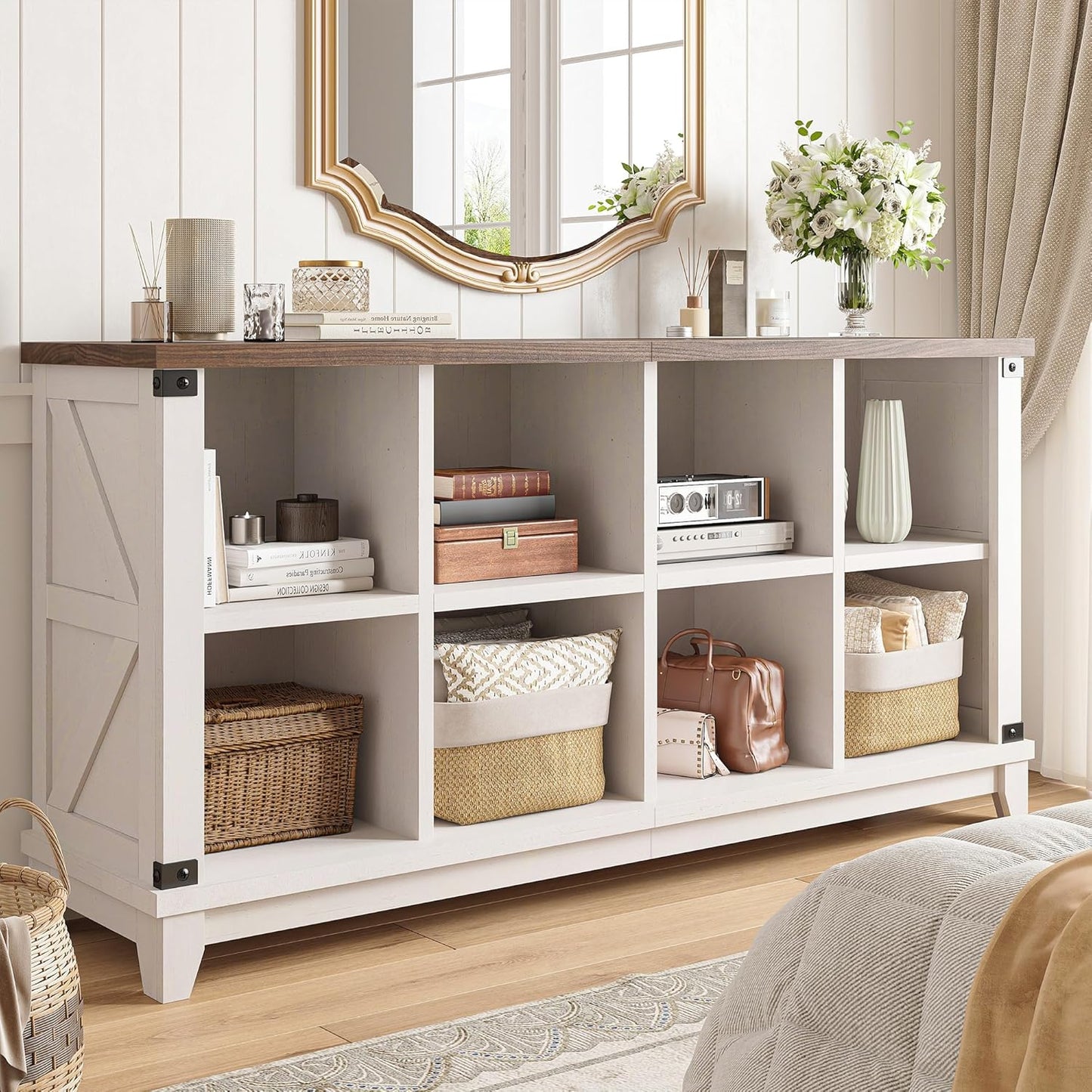 EnHomee 8 Cube Storage Organizer, Cube Organizer with Storage, Book Shelf for Bedroom and Home Office,White,Wood