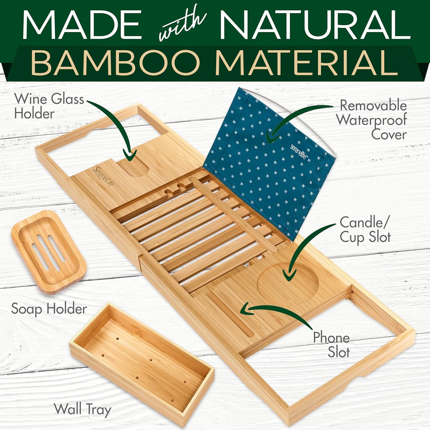 SereneLife Bamboo Bathtub Caddy with Luxury Gift Box and Red Gifting Ribbon Extendable & Adjustable Tray with Device/Book Holder with Removable Trays for Bath Accessories (Natural Color)