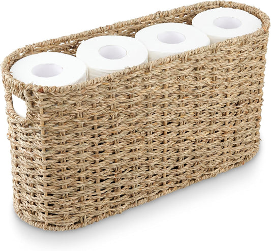 Toilet Paper Storage Basket, Toilet Paper Holder with Storage for Up to 8 Rolls, Coastal Bathroom Decor, Rattan Bathroom Accessories (Natural Seagrass, 6 Mega Rolls)