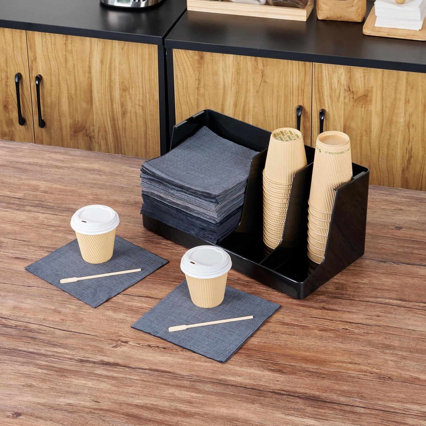 Restaurantware Restpresso Coffee Bar Organizer, 1 Count Durable 3 Compartments, Compact Size, Black Plastic Tabletop Coffee Supplies Organizer For Homes, Office Spaces, Breakrooms, and Lounges