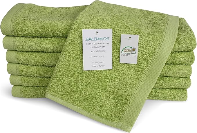 SALBAKOS 100% Turkish Cotton Washcloth Set of 12 13x13 inch | Heirloom Quality | Hotel & Spa Collection | Ultra Soft, Super Absorbent, Washcloth Towels | Made in Turkey (Green, 12 Washcloths)
