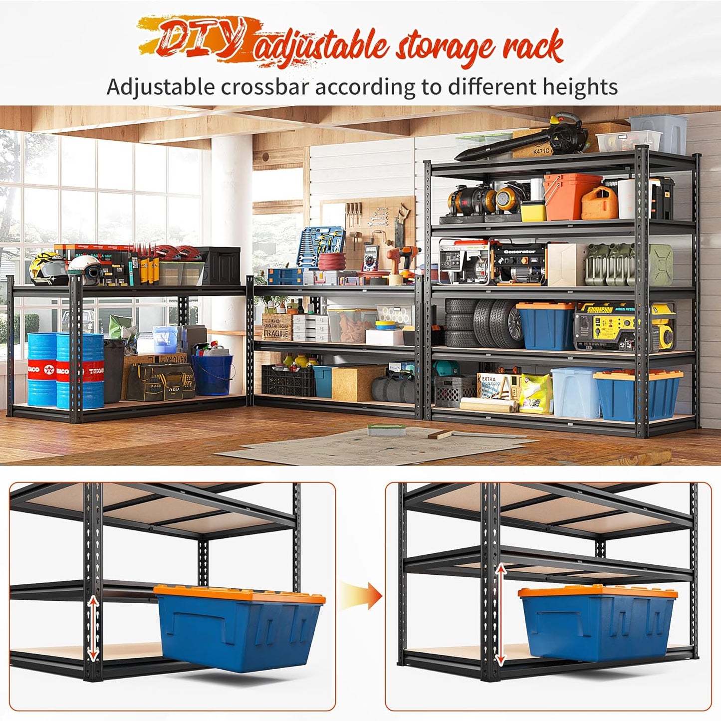 REIBII 48" W Garage Shelving 3020LBS Storage Shelves 5 Tier Heavy Duty Shelving Adjustable Garage Shelves for Basement, Warehouse, Commercial, Easy Assemble, 48" W x 72" H x 24" D