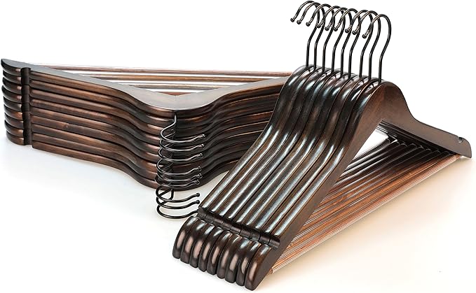 TOPIA HANGER Heavy Duty Wood Coat Hangers in Smooth Retro Finish, Boutique Quality Wooden Suit Hangers-Thicker Non-Slip Rubber Pants Bar and Extra Smoothly Cut Notches-360° Black Hook-18 Pack CT04A