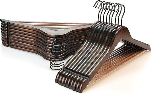 TOPIA HANGER Heavy Duty Wood Coat Hangers in Smooth Retro Finish, Boutique Quality Wooden Suit Hangers-Thicker Non-Slip Rubber Pants Bar and Extra Smoothly Cut Notches-360° Black Hook-18 Pack CT04A