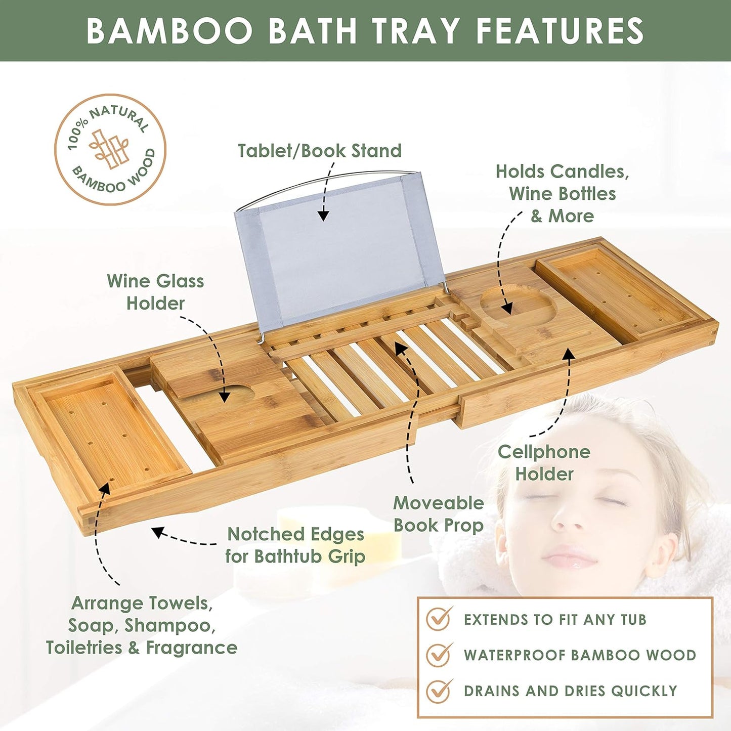 from Son, Premium Bamboo Bathtub Caddy Tray Gift Set with Bath Bombs, Shower Gel, Shampoo & Bubble Bath, Luxury Bathtub Trays with Book & Wine Holder, Expandable Tray to Fit Any Tub
