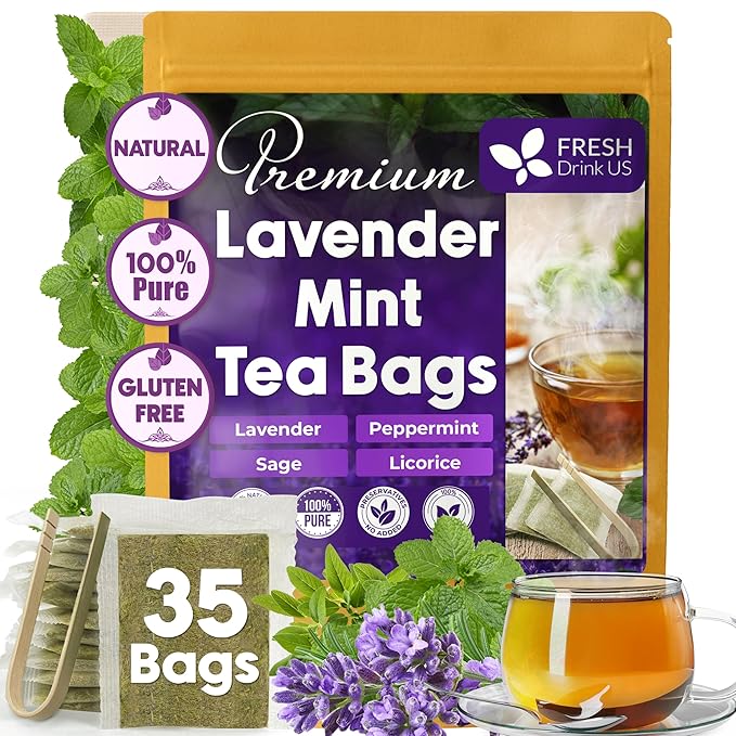 FreshDrinkUS, Premium 35 Tea Bags Lavender Mint Tea, 100% Natural, Blend of Lavender, Peppermint, Sage and Licorice. Made with Natural Material Tea Bags. No Sugar, No Caffeine, Vegan.