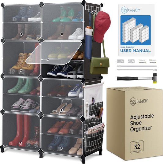 Shoe Organizer Cabinet Up to 32 Pairs, Shoe Closet-Covered Shoe Rack with See-Through Door (Clear, Plastic, Stackable) Cubby Portable Shoe Organizer with Covers, Hooks & Pockets, Black