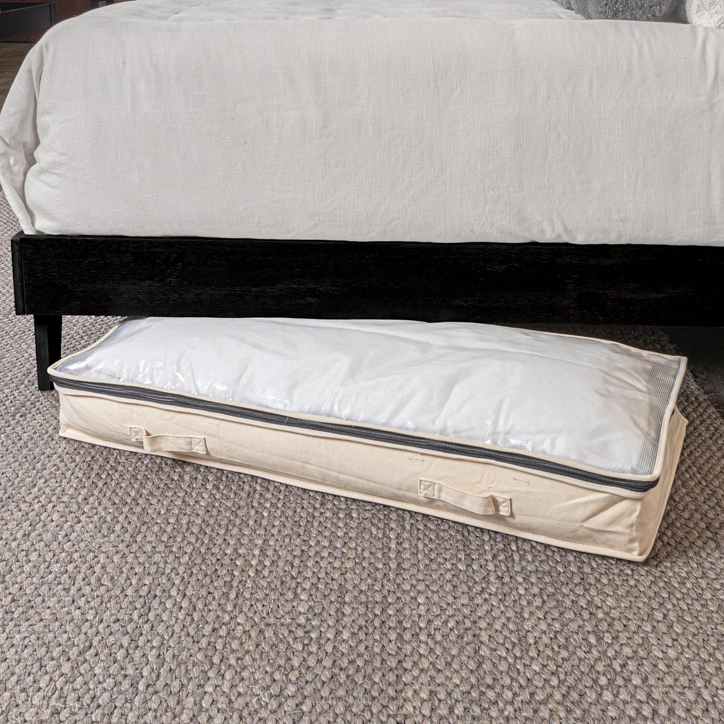 Household Essentials Cedarline Under Bed Storage Bag, Heavy-Duty Cotton Canvas, Textured PEVA Top with Durable 3-Sided Zipper, Front Handles, Foldable, Space-Saving, Natural