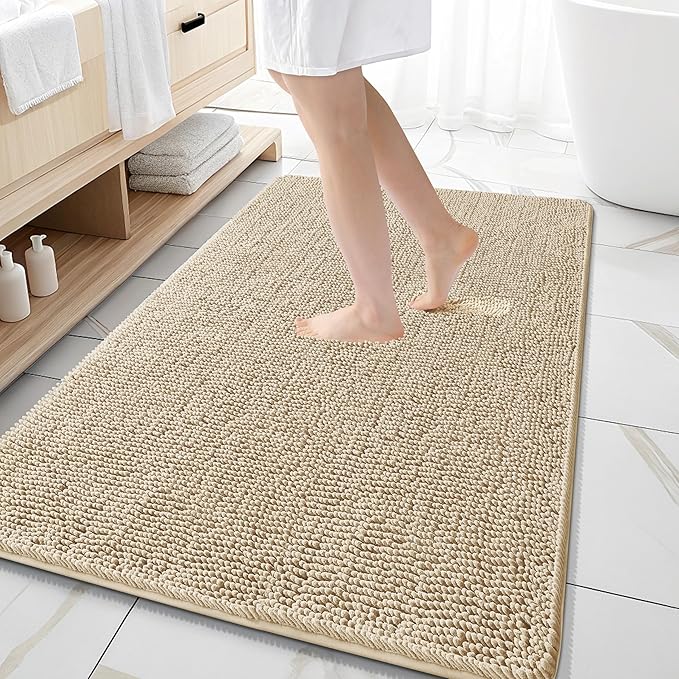 OLANLY Bathroom Rugs 59x35, Extra Soft Absorbent Chenille Bath Rugs, Rubber Backing Quick Dry, Machine Washable Bath Mats for Bathroom Floor, Tub and Shower, Home Decor Accessories, Beige