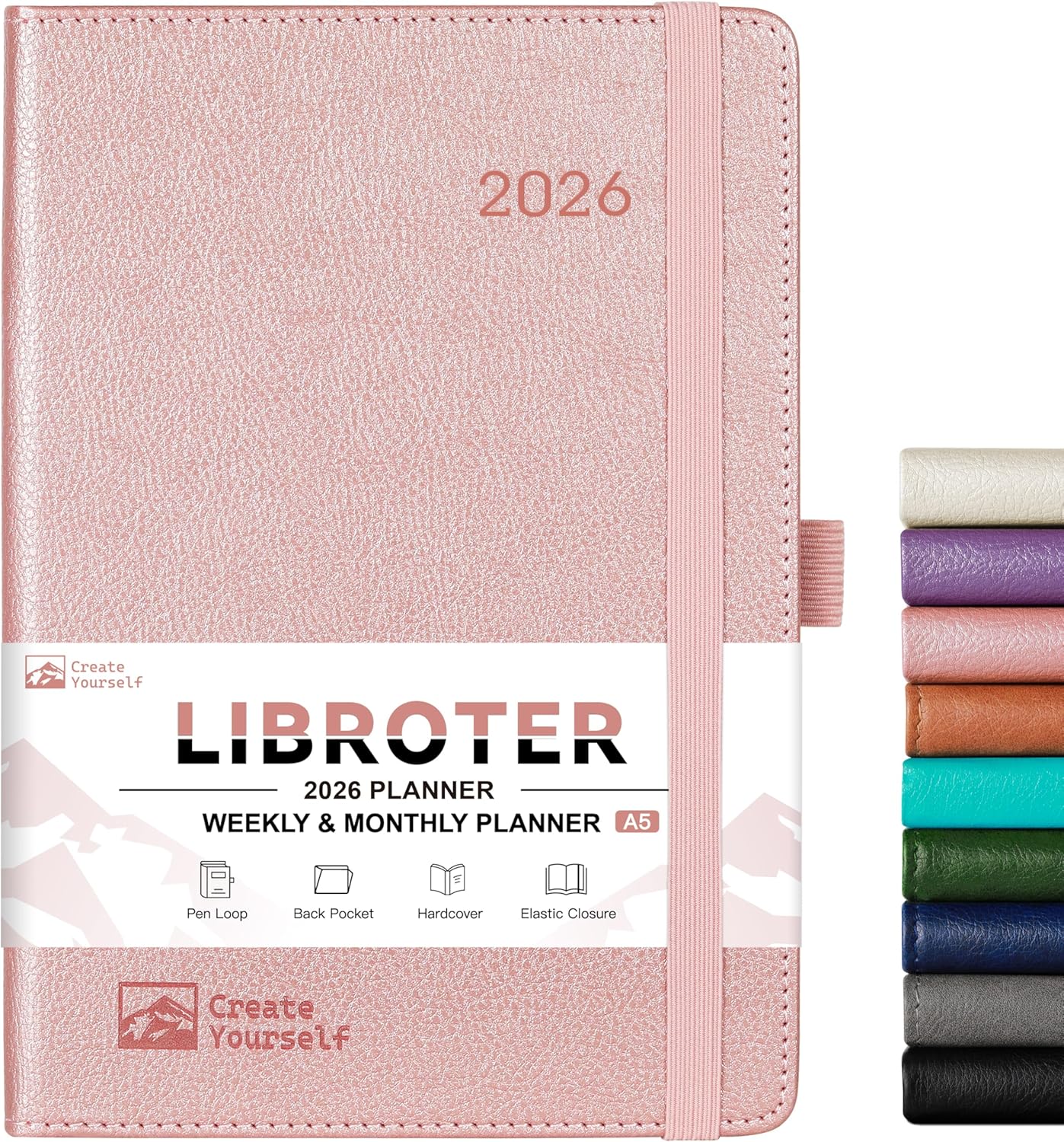 2026 Planner - Planner 2026, 2026 Weekly Monthly Planner, Jan.2026 - Dec.2026, 5.7'' x 8.4'', Thick Paper, Leather Cover, Pen Holder, Back Pocket, Bookmarks, Perfect Daily Organizer - Rose Gold