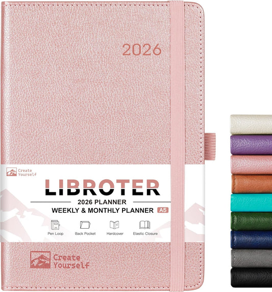 2026 Planner - Planner 2026, 2026 Weekly Monthly Planner, Jan.2026 - Dec.2026, 5.7'' x 8.4'', Thick Paper, Leather Cover, Pen Holder, Back Pocket, Bookmarks, Perfect Daily Organizer - Rose Gold