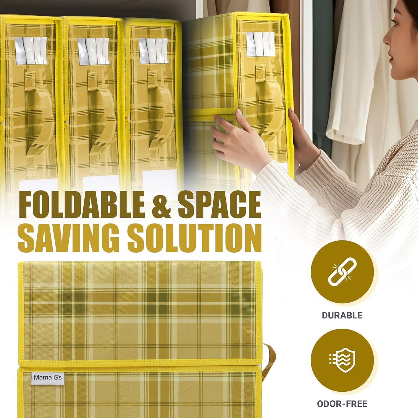 Bed Sheet Organizer Set of 4 – Plaid Sheet Storage 15"x12"x4" – Foldable Bedsheet Holders with Zipper, Window – Closet Organizer for Bedding Storage, Pillows, Duvets, Linen – Yellow