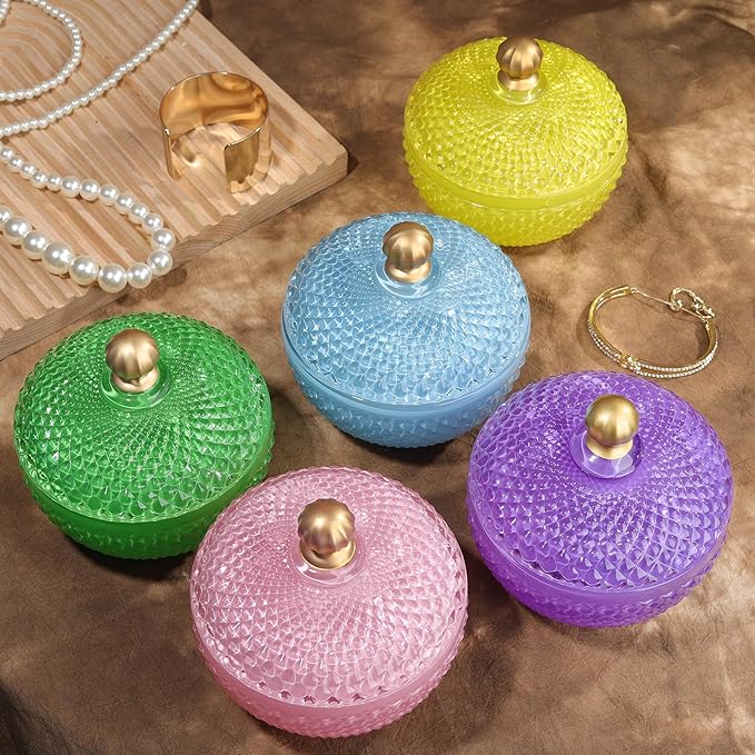 Joeyan 12 oz Small Pink Glass Jewelry Box Jars with Lid,Embossed Glass Candy Dishes,Diamond Faceted Food Container,Decorative Apothecary Canisters,Colored Kitchen Bathroom Buffet Storage Organizer