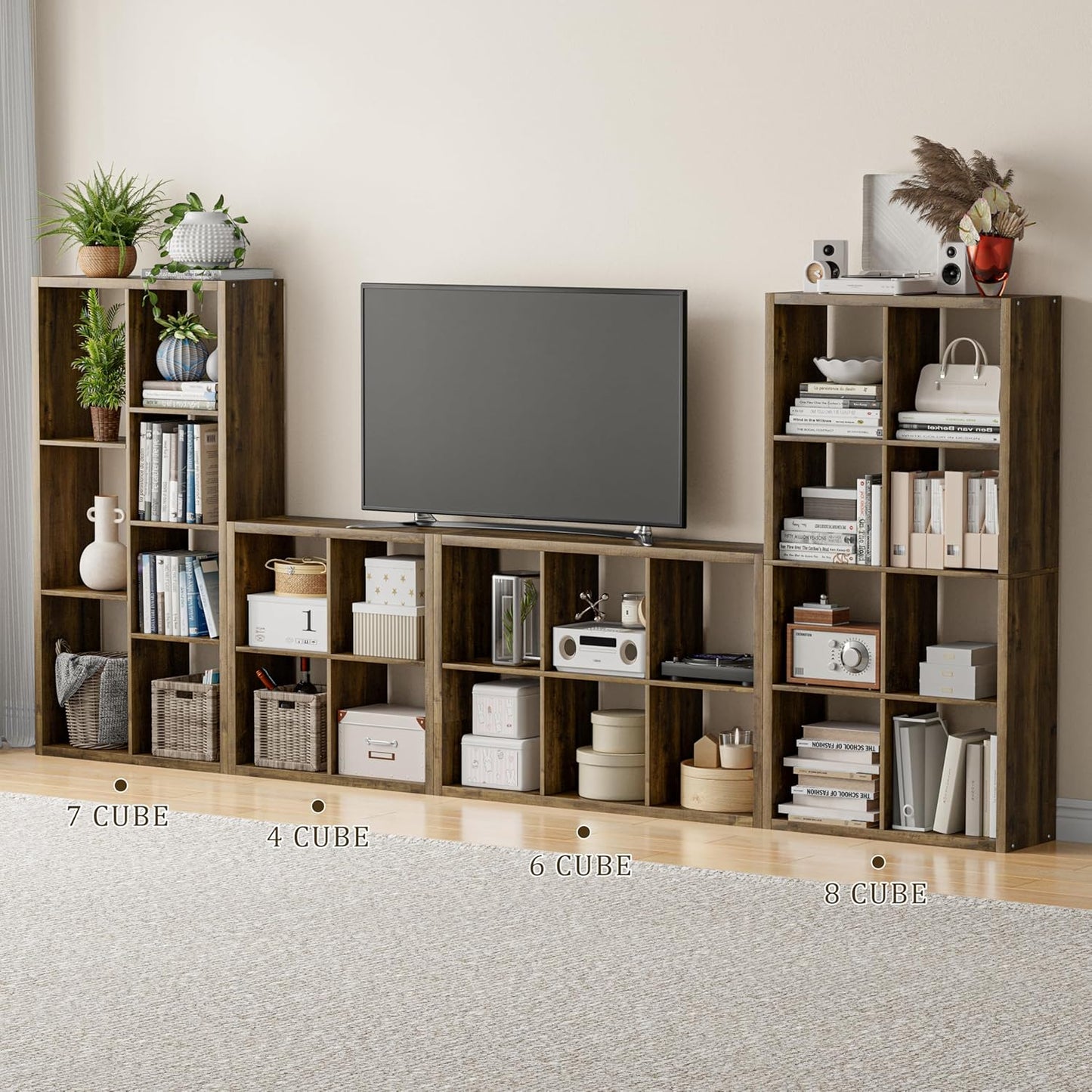 Cube Storage Organizer Bookcase, Decorative 11 inch Open Back Cubical Shelf with Thickened Border, Display Bookshelf for Living Room, Home Office, Sturdy Room (Brown, 4 Cube)