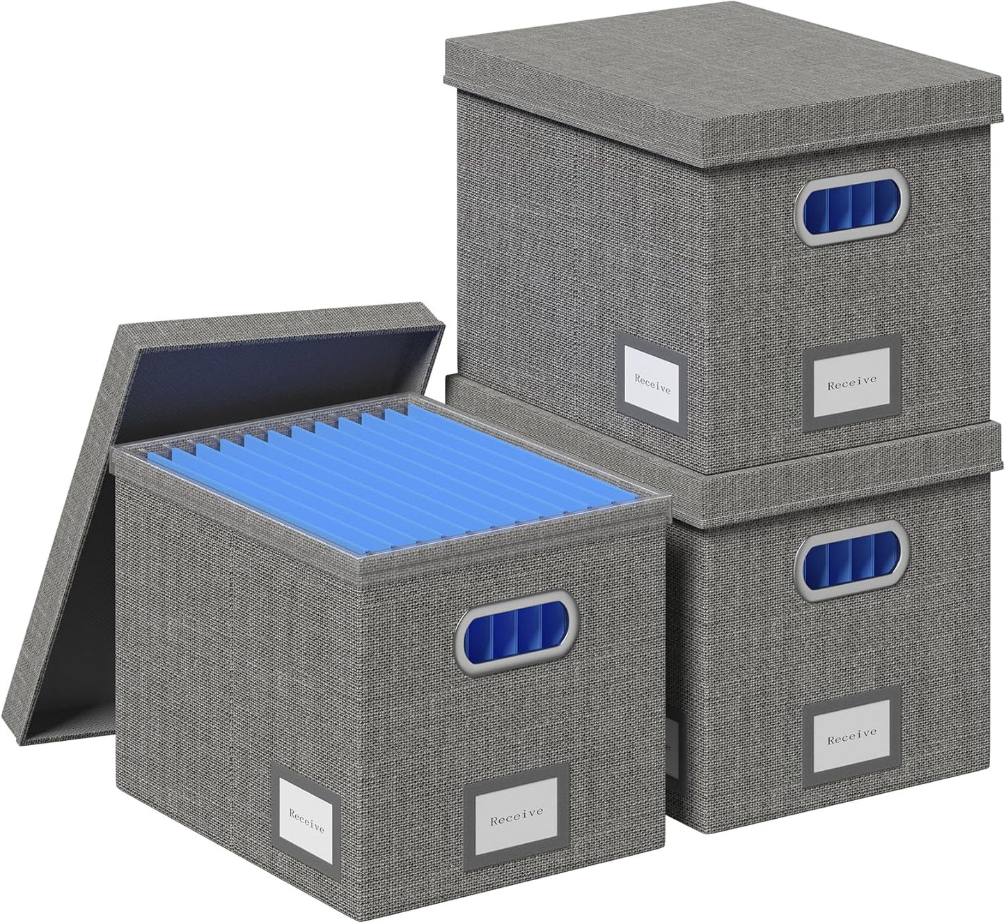 File Organizer Box - File Boxes for Hanging Files with Lid Set of 3 Decorative Hanging Folders Organizer with One-Piece Plastic Frame Slides (Grey, 13.2 * 10.1 * 10.1in(3Pack))