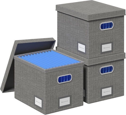 File Organizer Box - File Boxes for Hanging Files with Lid Set of 3 Decorative Hanging Folders Organizer with One-Piece Plastic Frame Slides (Grey, 13.2 * 10.1 * 10.1in(3Pack))