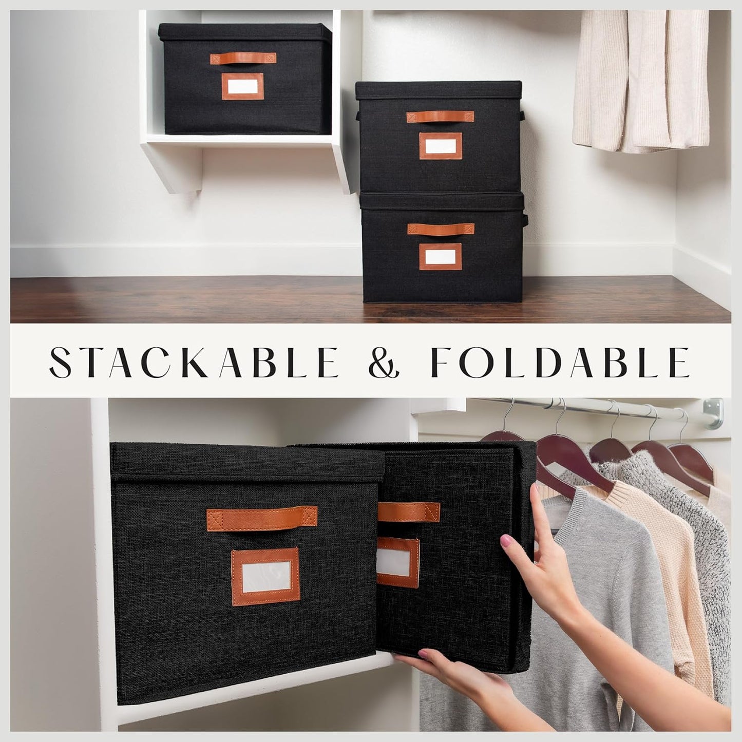 3 Pack Large Fabric Storage Box with Lid - Decorative Bin with Lid, Label Holder, Faux Handles - Large Decorative Storage Boxes with Lids for Organizing Clothes, Blankets - Black