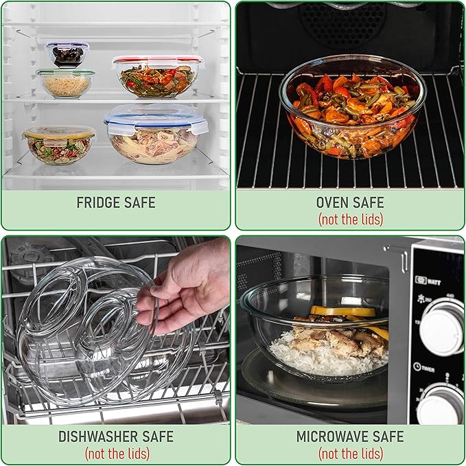 Set of 5 Stackable Space-Saving Nesting Glass Bowls with BPA Free Lids for Foodprep, Storage, Baking, Mixing & Cooking, Microwave Safe - Durable Inert Borosilicate Glass