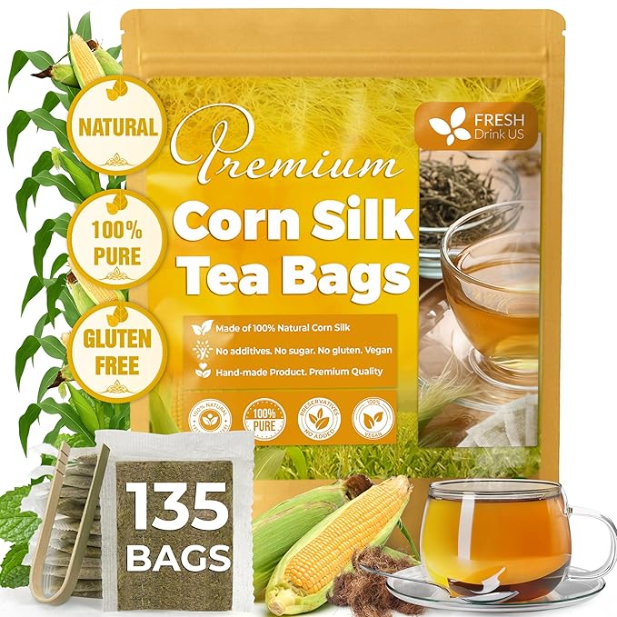 FreshDrinkUS, Premium 135 Tea Bags Corn Silk Tea, 100% Natural & Pure from Corn Silk. Herbal Tea. Clean Ingredients. Made with Natural Material Tea Bags. No Sugar, No Caffeine, Vegan.