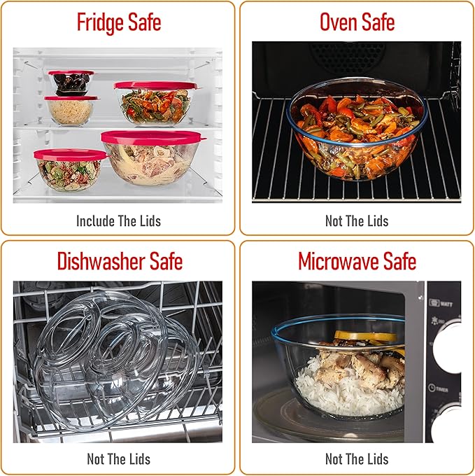 7 Stackable Space-Saving Nesting Glass Bowls with Pink Lids for Foodprep, Storage, Baking, Mixing & Cooking, Microwave Safe - Durable Inert Borosilicate Glass