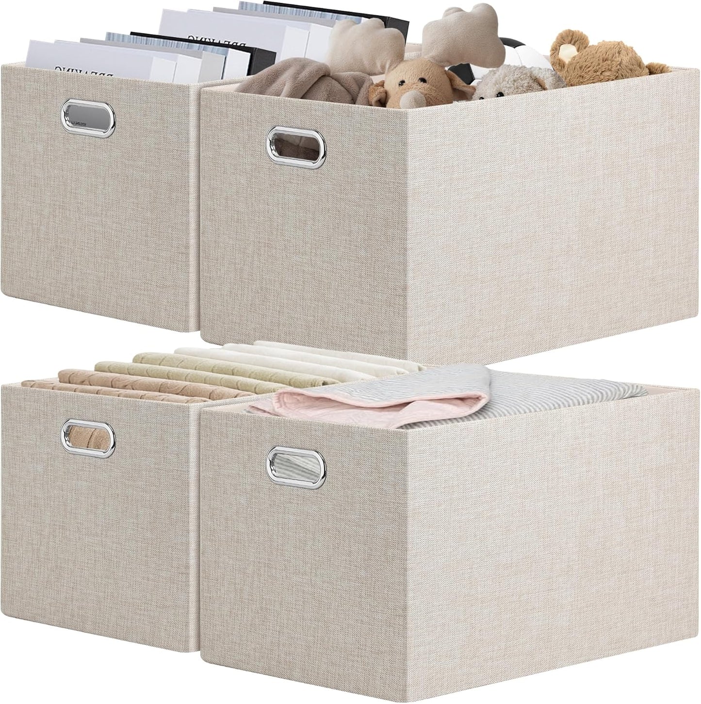 Posprica Closet Storage Bins, 4 Pack Large Closet Shelf Organizers, Linen Fabric Decorative Storage Baskets for Organizing, Foldable Storage Box for Clothes, Toy, 16.5x12x10.25 Inch (Beige)
