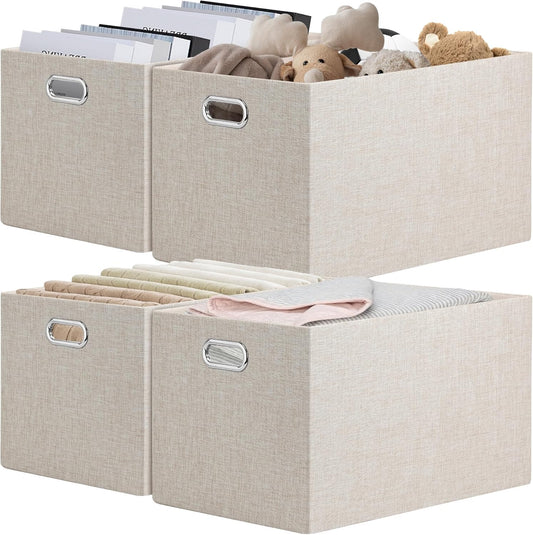 Posprica Closet Storage Bins, 4 Pack Large Closet Shelf Organizers, Linen Fabric Decorative Storage Baskets for Organizing, Foldable Storage Box for Clothes, Toy, 16.5x12x10.25 Inch (Beige)