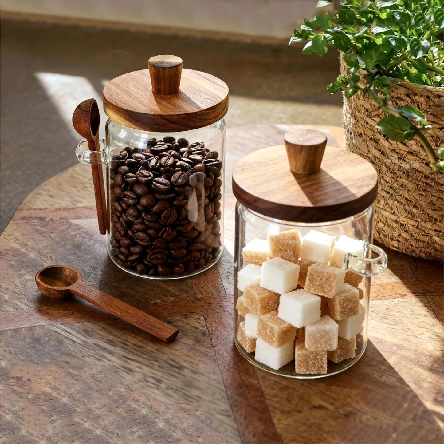 Glass Food Storage Jar with Acacia Wooden Lid and Spoon, Airtight Container for Cereals, Cookies, Snacks, Kitchen Canister Set (2 Pcs, Large/25oz)