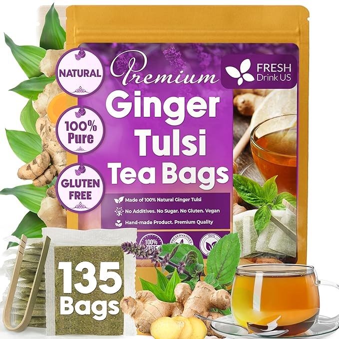 FreshDrinkUS, Premium 135 Ginger Tulsi Tea Bags, 100% Natural, Hand-made Blend of Ginger and Tulsi Holy Basil Leaves, Eco-conscious Tea Bags. Herbal Tea. No Sugar, No Caffeine, Vegan.