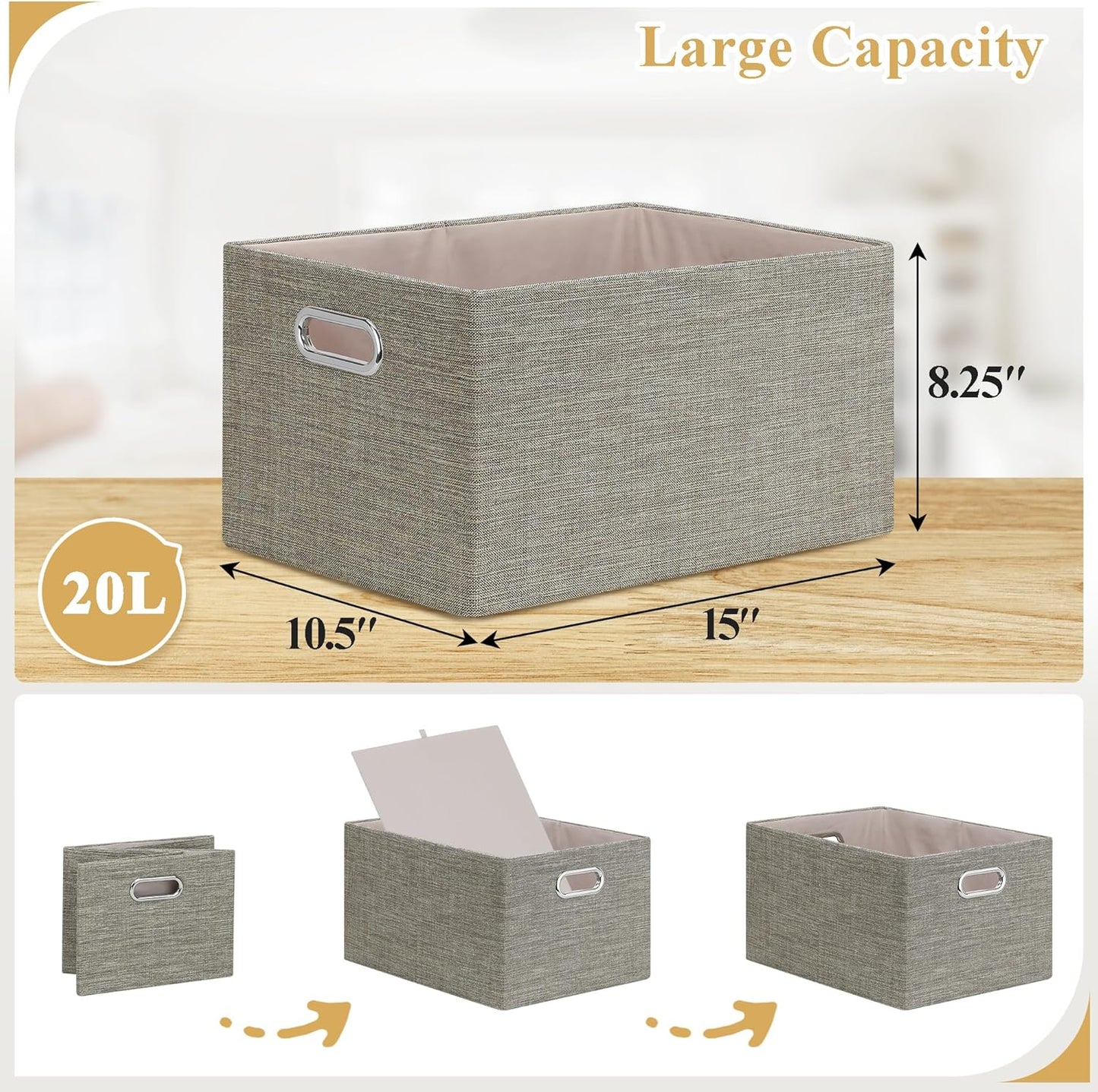 Posprica Closet Storage Bins, 4 Pack Closet Shelf Organizers, Linen Fabric Decorative Storage Baskets for Organizing, Foldable Storage Box for Clothes, Toy, 15x10.5x8.25 Inch-Coffee