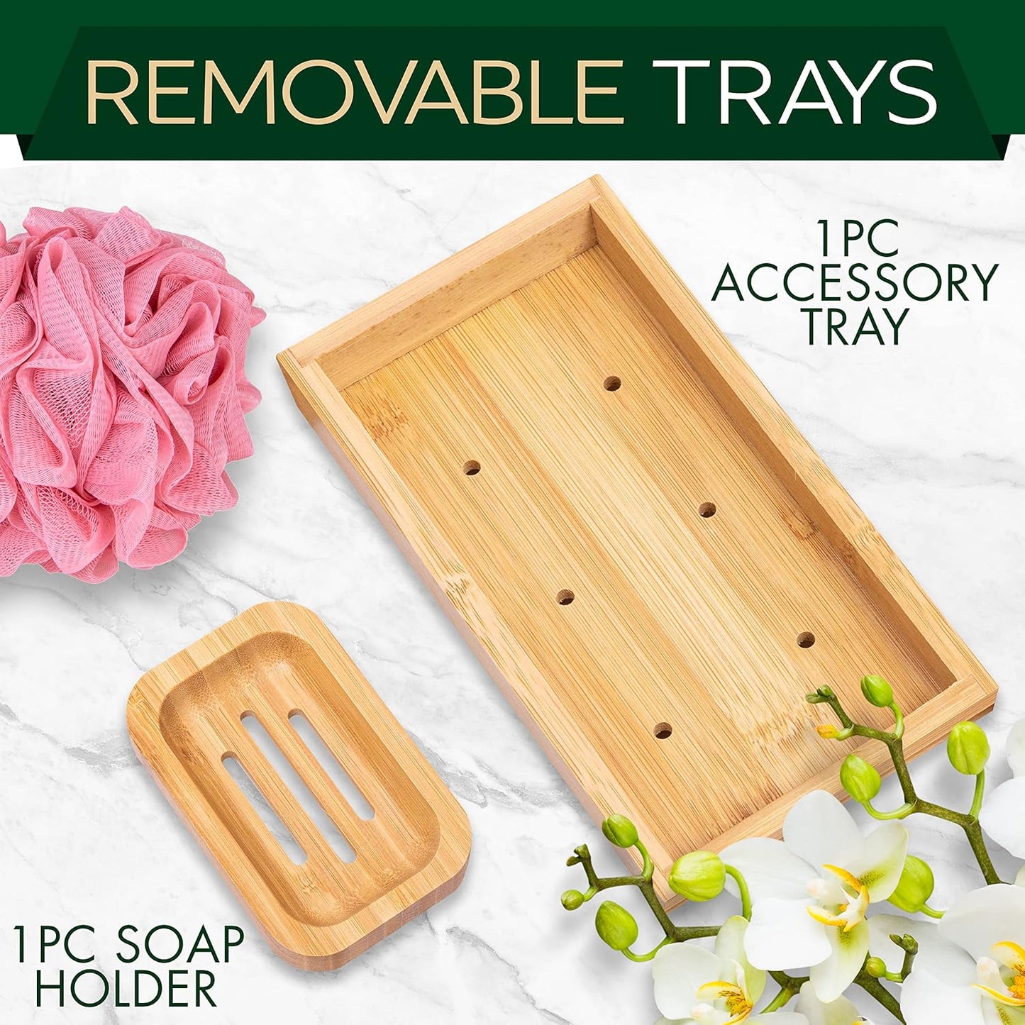 SereneLife Bathtub Tray - Expandable Bath Tray for Tub, Adjustable Bamboo Caddy with with Non-Slip Handles, Device Holder and Wine Glass Slot for Bathing Luxury (Standard, Soft Back, Gift Set)