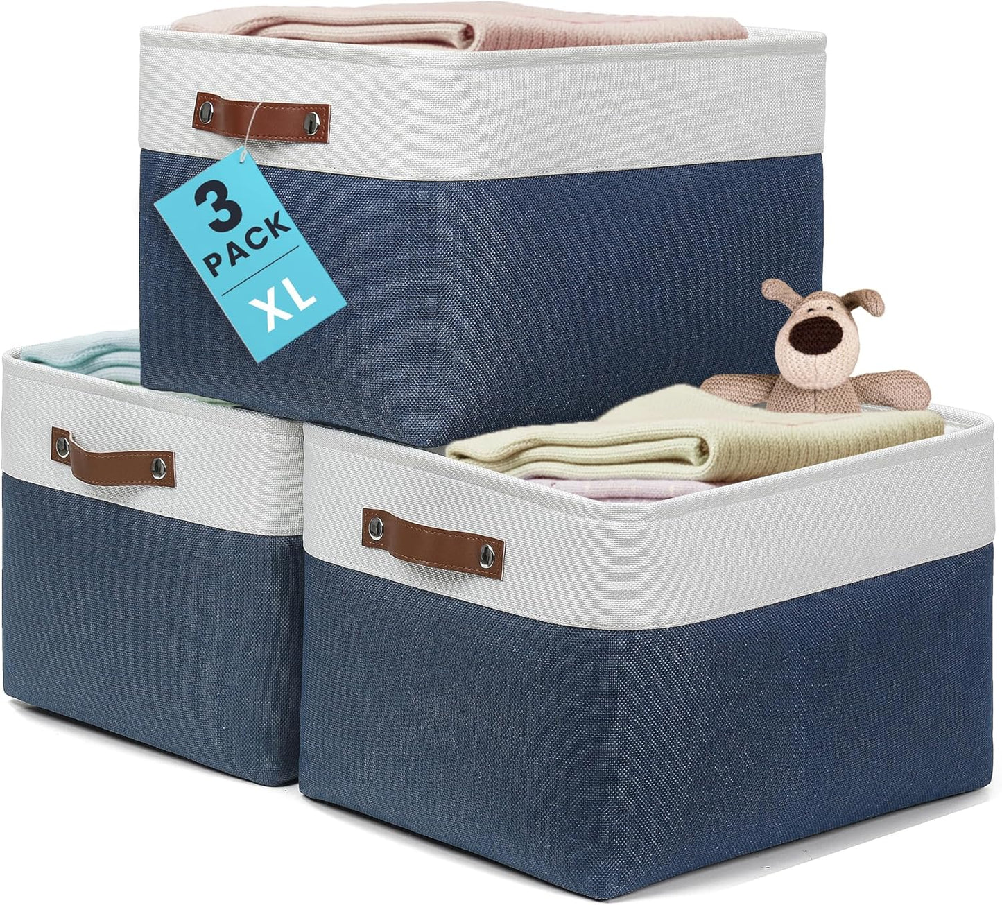 OrganiHaus Extra Large Fabric Storage Baskets for Shelves 3 Pack, 16x13in Closet Storage Bins for Shelves, Canvas Baskets for Organizing, Linen Closet Organizers, Cloth Basket, Navy Blue/Off-White
