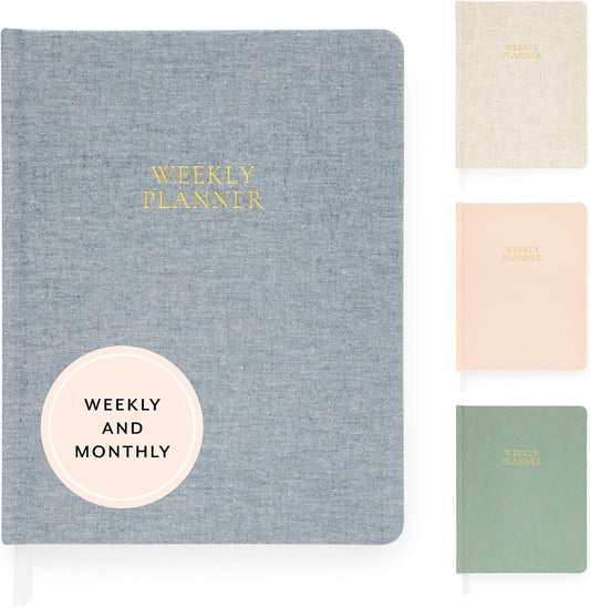 Sugar Paper Undated Weekly Planner, Fabric Cover, 7x9 Inches, Hardcover Weekly Planner (Chambray)