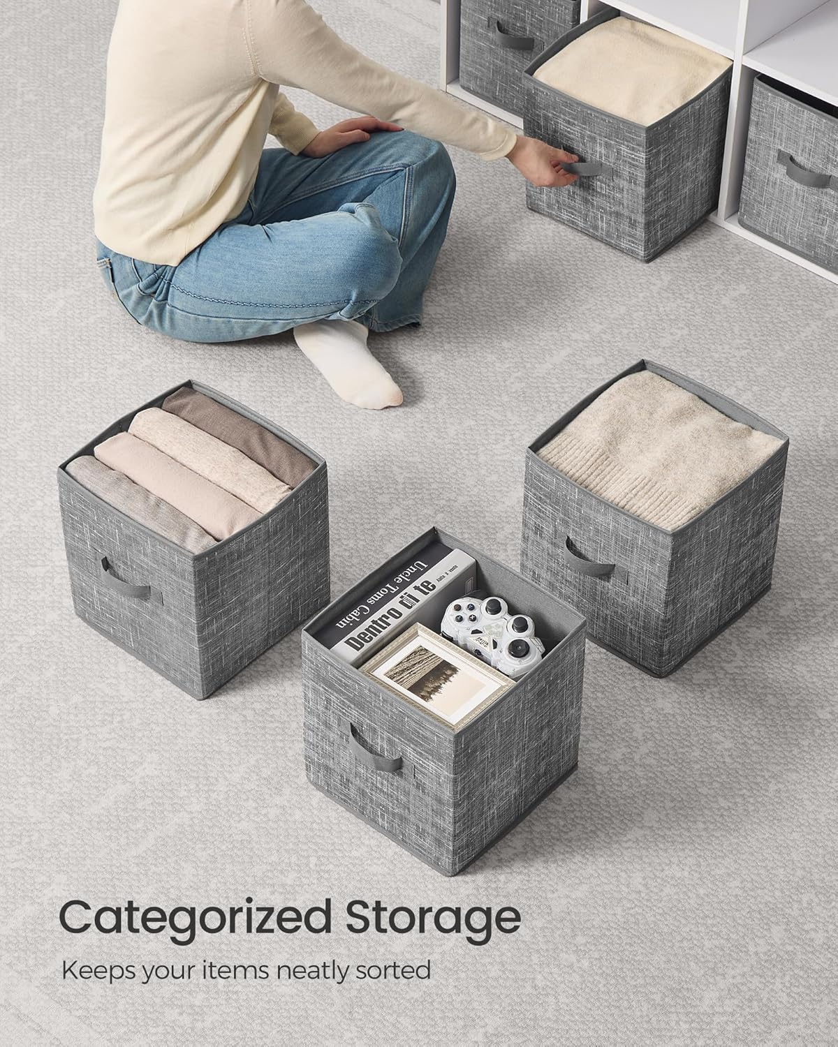 SONGMICS Storage Cubes, 10.2 x 10.2 x 11 Inches Non-Woven Fabric Bins with Double Handles, Set of 10, Closet Organizers for Shelves, Foldable, for Clothes, Cattail Gray UROB126G01