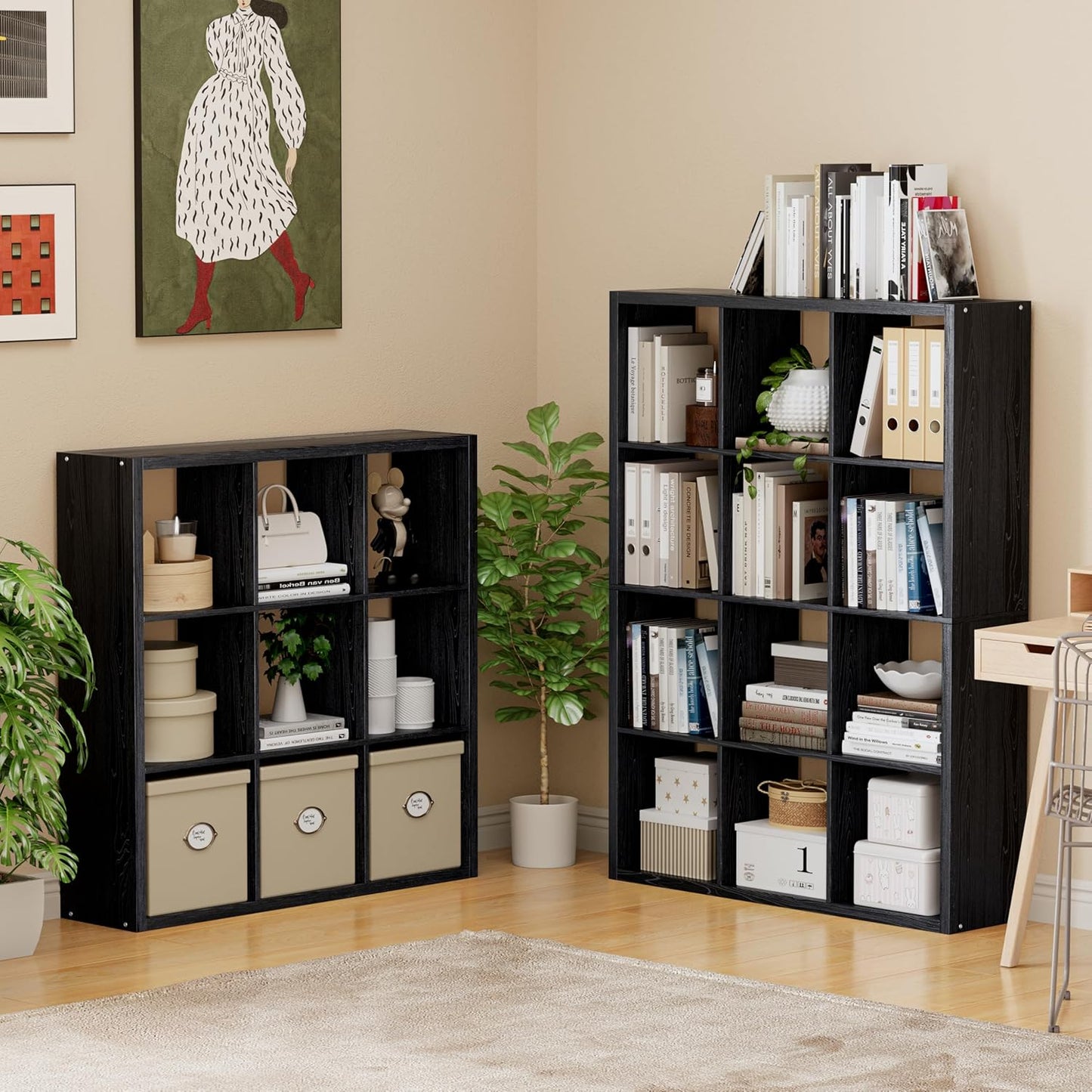 Cube Storage Organizer Bookcase, Decorative 11 inch Open Back Cubical Shelf with Thickened Border, Display Bookshelf for Living Room, Home Office, Sturdy Room (Black, 12 Cube)