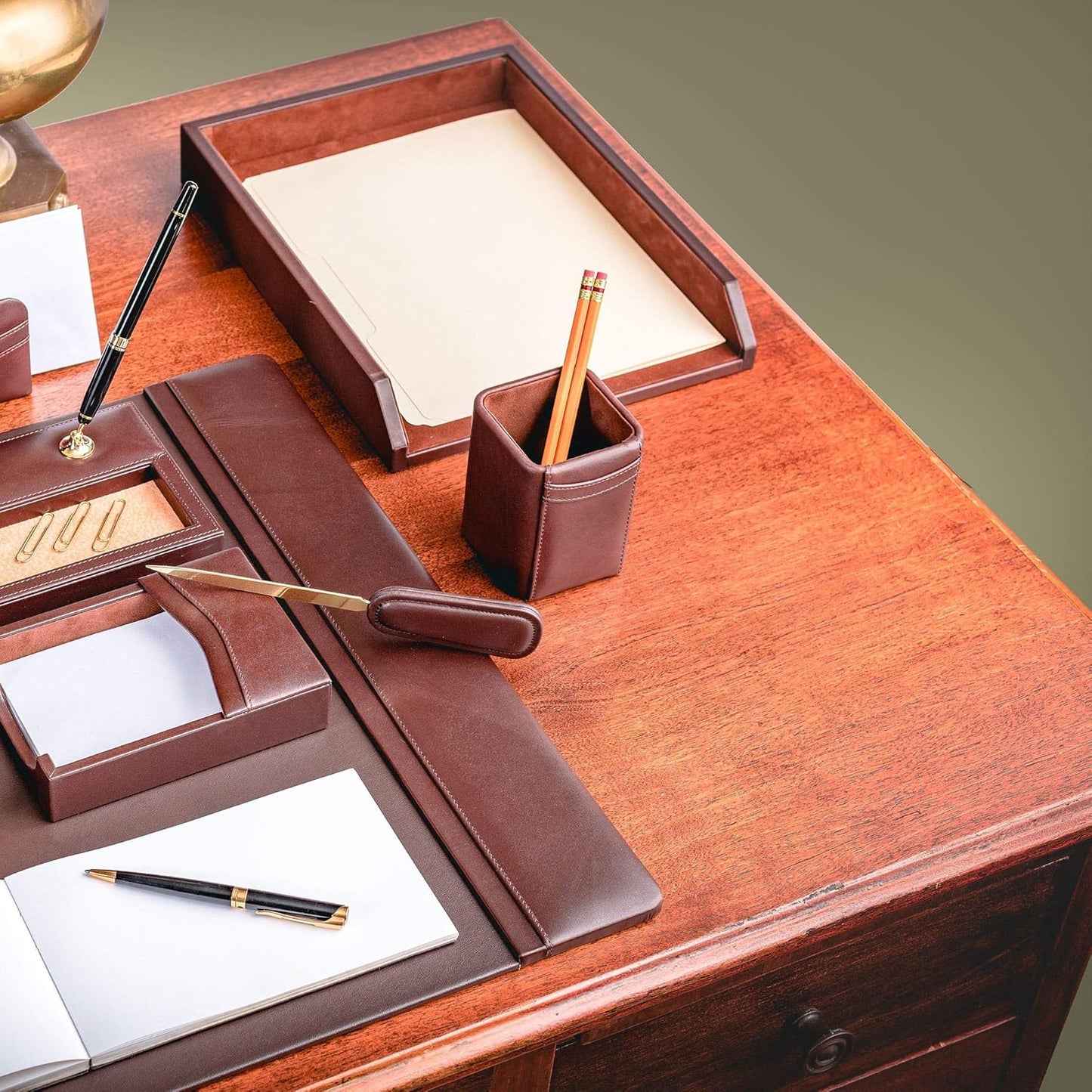 Dacasso Leather Desktop Letter Tray - Luxury Letter Holder & Paper Organizer for Desk - Office Organization & Executive Desk Decor - (Chocolate Brown)