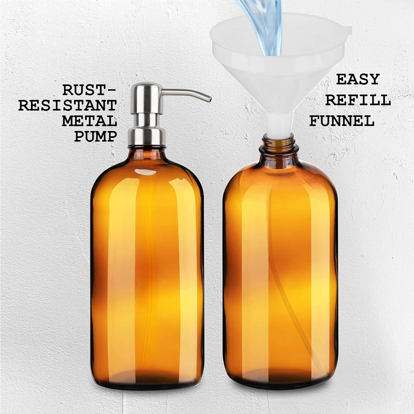 Kitchentoolz Large Pump Bottle - 32 Ounce Shampoo and Soap Dispenser - Amber