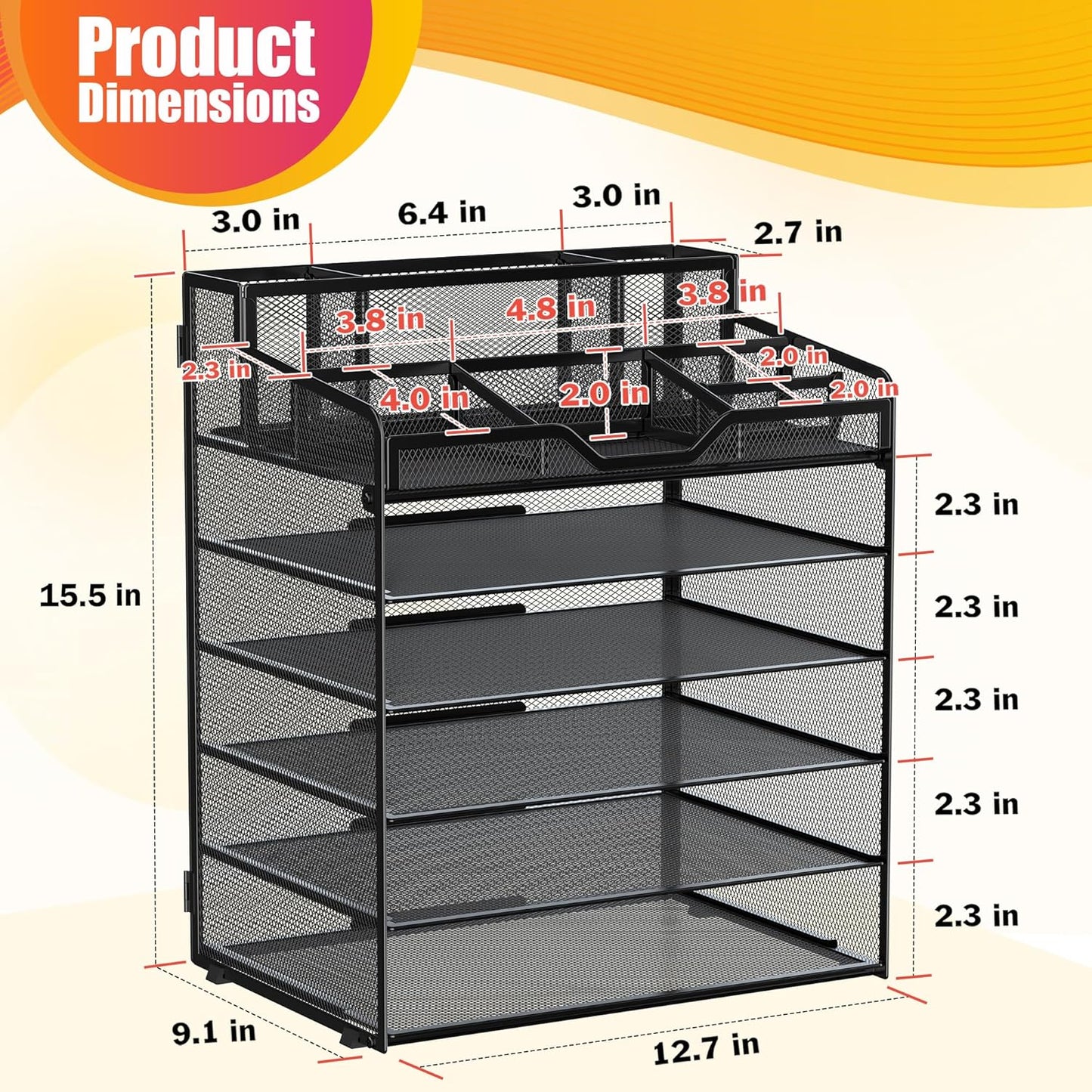 Docnest 6 Tier Mesh Desk Organizer for Paper Office Supplies – Multi-Functional Letter Tray with 5 Adjustable Compartments, 3 Pen Holders, Desktop Storage for Files, Mail, Stationery – Black