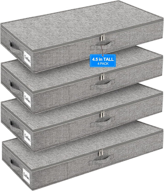 punemi 4Pack Under Bed Storage Containers Bins, 4.5 Inch High Low Profile Underbed Clothes Storage W/Sturdy Sidewalls & Bottom, Shallow Slim Storage Underbed Organizer For Off Season Winter, Blankets