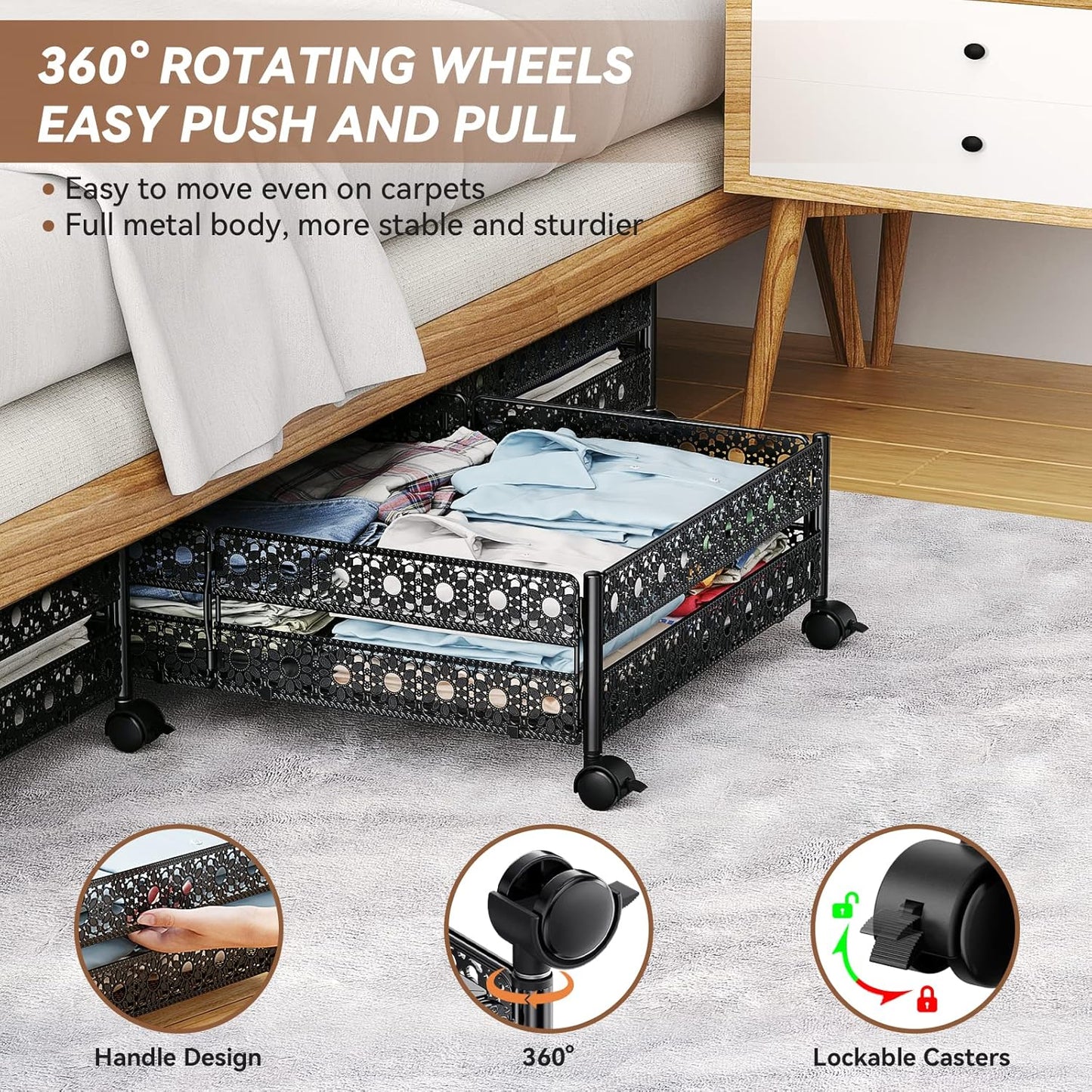 Under Bed Storage Containers with Wheels - Shoe Storage Organizer Drawer, Tool-free Assembly Metal Underbed Storage Containers for Bedroom Clothes, Shoes, Blankets - 2 Pack