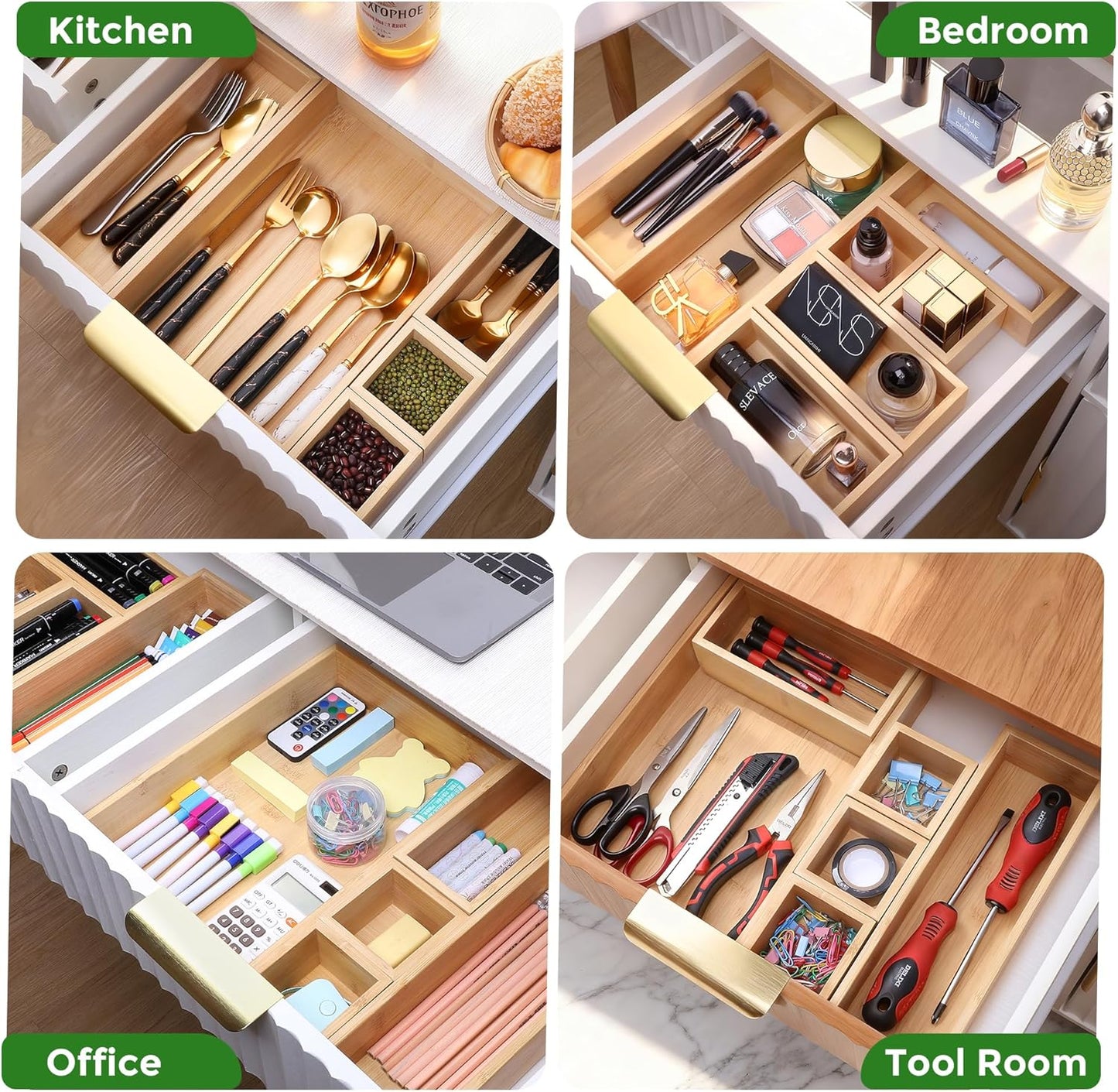 Bamboo Drawer Organizer Set, 14 PCS Multi-Use Individual Wood Storage Organizers, Junk Drawer Divider and Storage Trays Containers for Kitchen, Bathroom, Office Desk, Makeup, Jewelry, Utensils