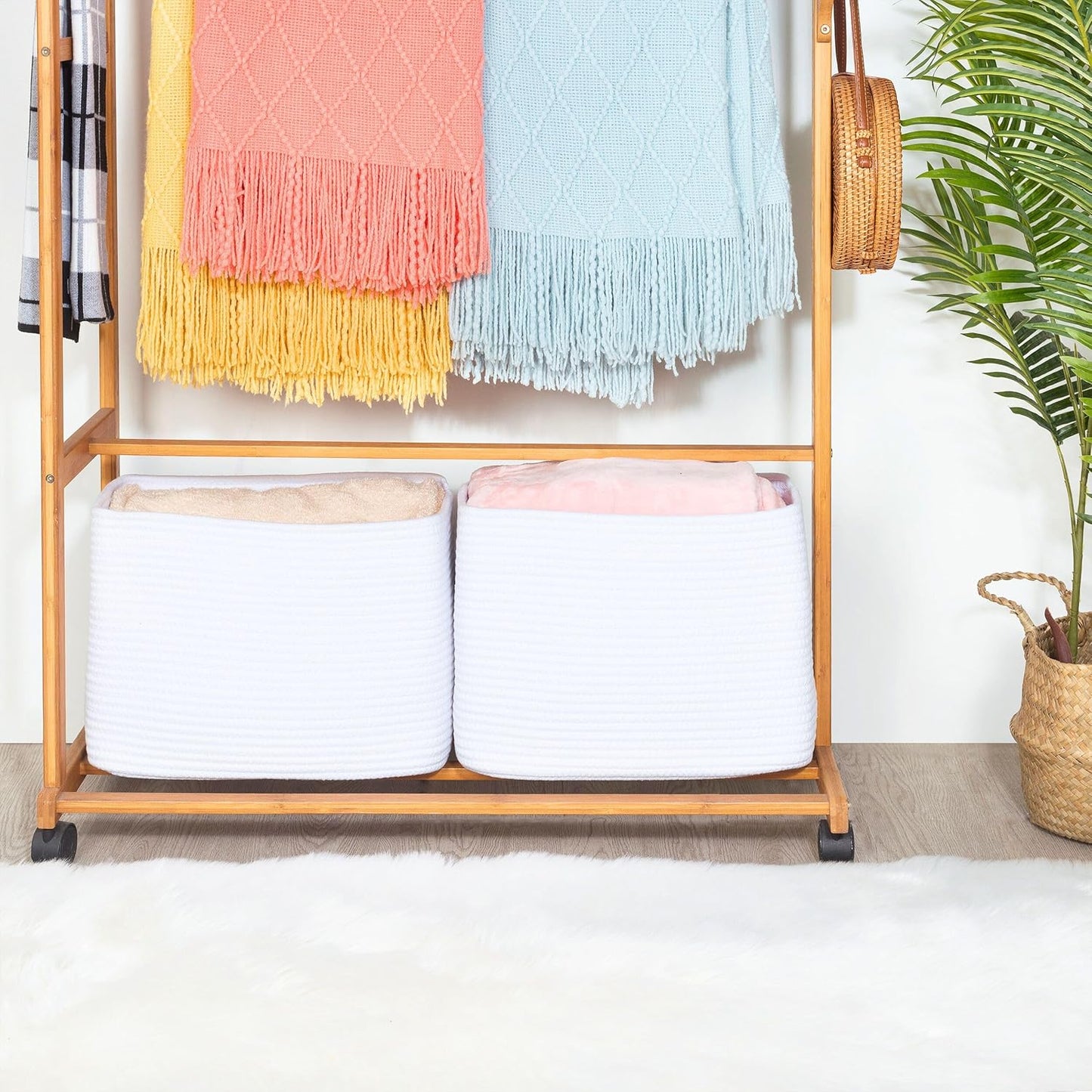 MINTWOOD Design 3-Pack Decorative Woven Storage Baskets for Shelves, Cube Bin Box for Organizing Books, Shoes, Dog Toys, Pantry Closet and Living Room Organizer, Full White