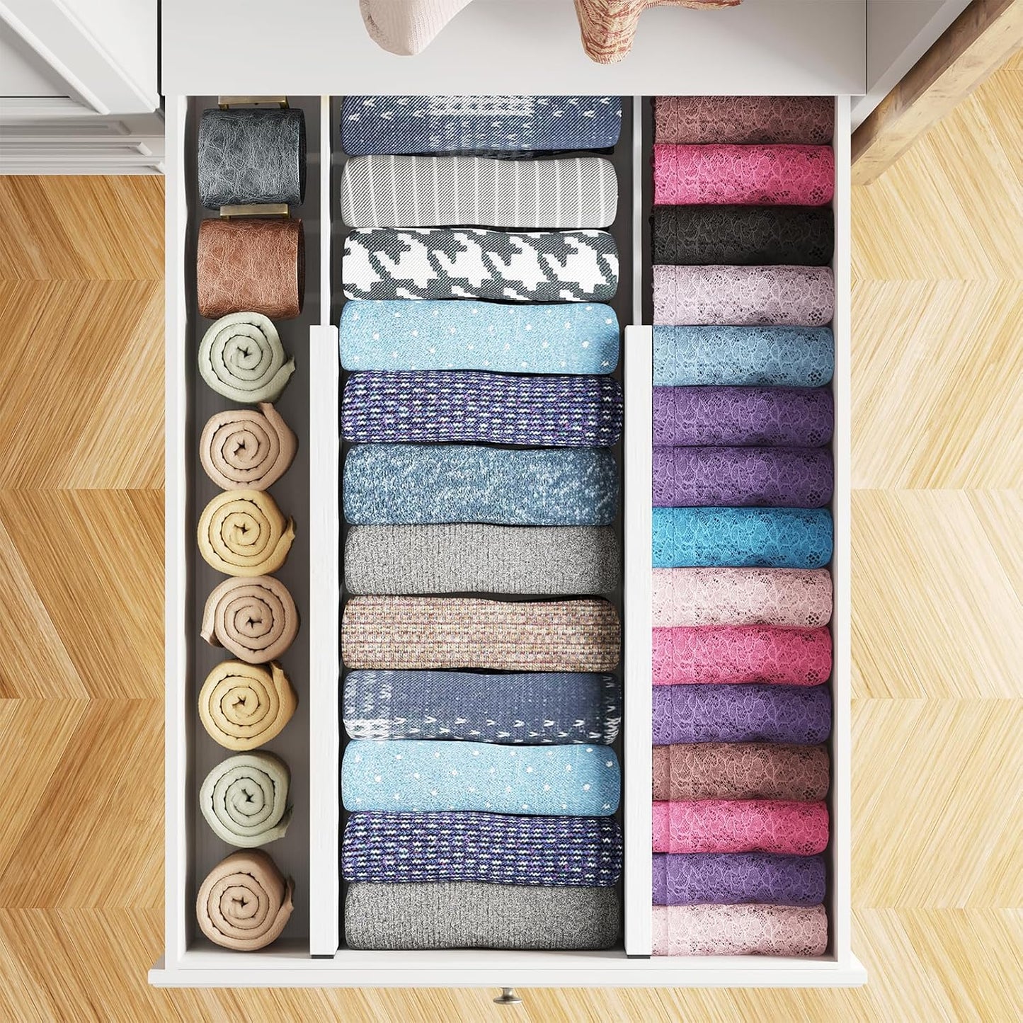 SpaceAid Bamboo 4 Pack Dresser Drawer Dividers, 4.65“ High Adjustable 17“-22” Drawer Organizers, Expandable Organization for Clothing, Clothes, Dressers, White