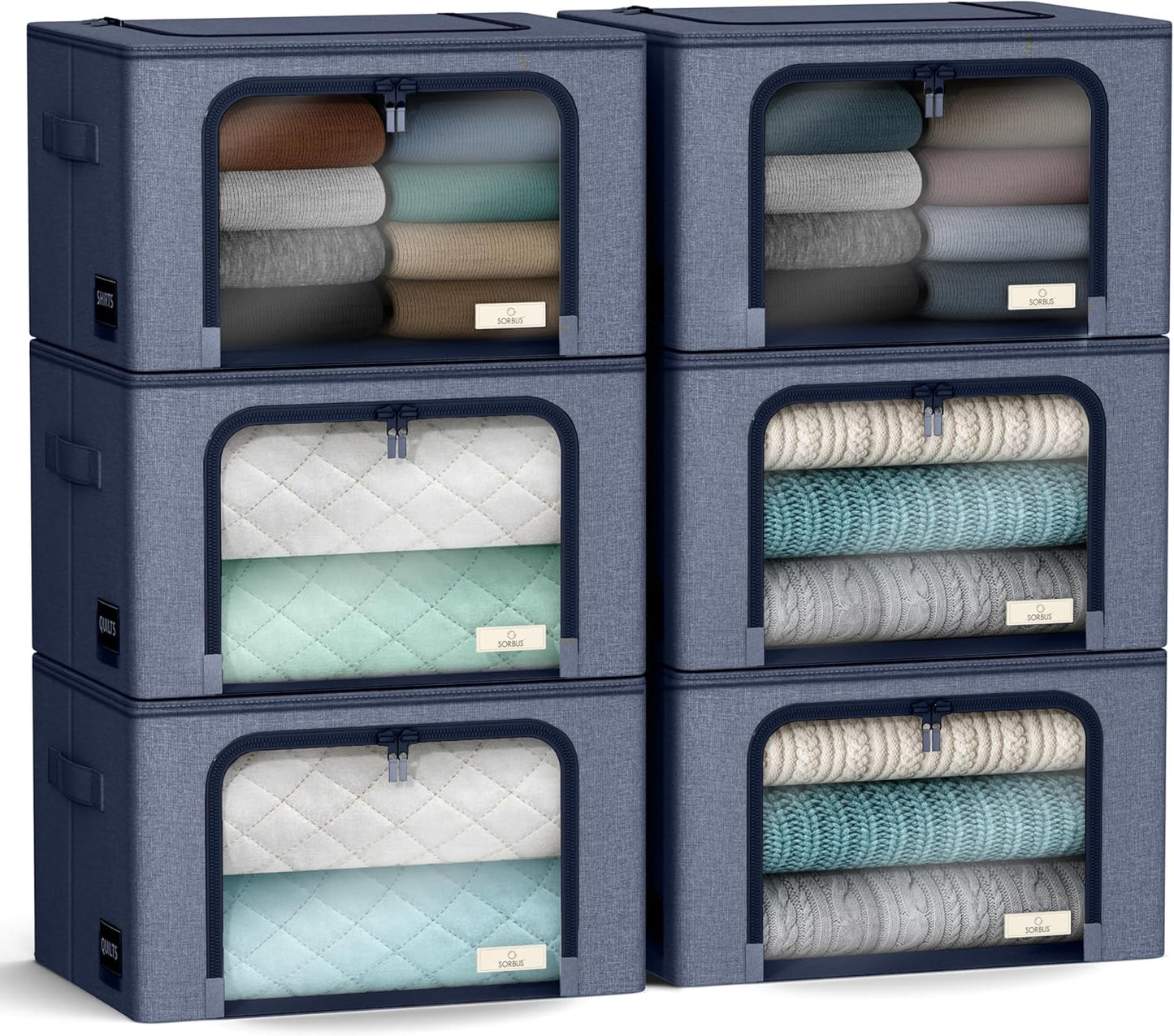 Sorbus Storage Bins with Metal Frame - Stackable & Foldable Clothes Organizer Bags - Oxford Fabric Storage Containers with Large Clear Window & Carry Handles Organization for Bedding Linen & Clothing