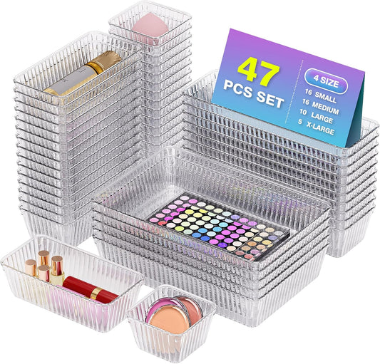 47 PCS Clear Plastic Drawer Organizer Set - 4 Sizes Makeup Organizer Desk Drawer Divider Bathroom Organizers and Storage Bins for Makeup, Jewelry, Gadgets, Office, Kitchen, Bedroom, Bathroom